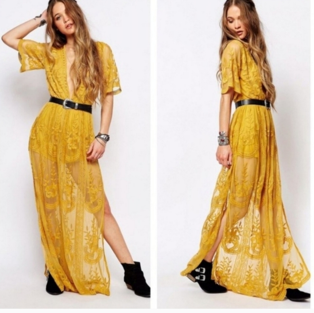 the clothing company Mustard Yellow Lace Maxi Dress
